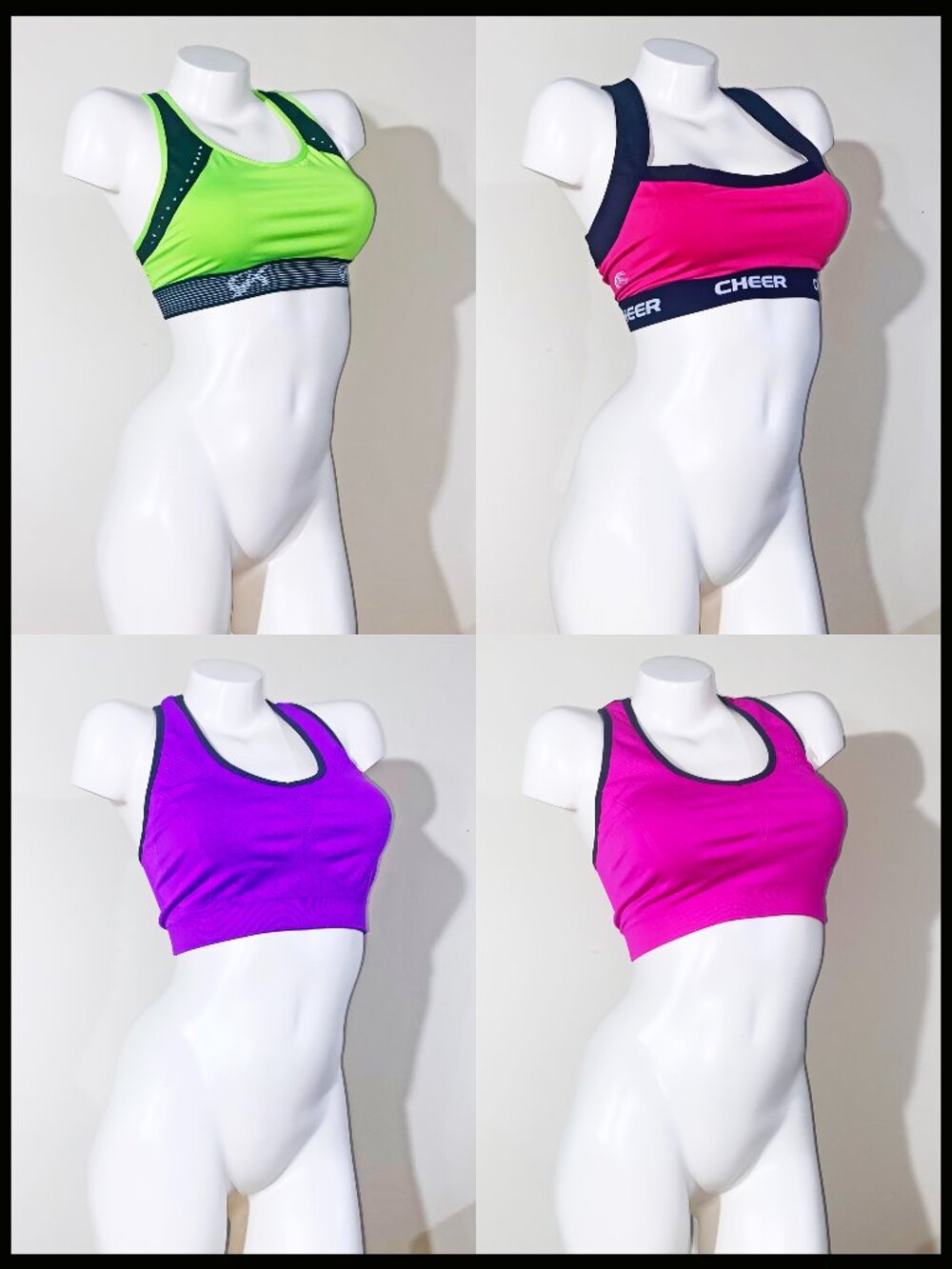 4 PRE-LOVED 2XL SPORTS / CHEER BRAS - NEON GREEN, 2 HOT PINK, AND PURPLE